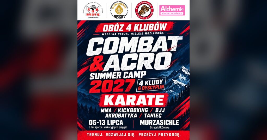Plakat obozu Combat & Acro Summer Camp 2027 — obóz 4 klubów, 5–13 lipca 2027, Murzasichle